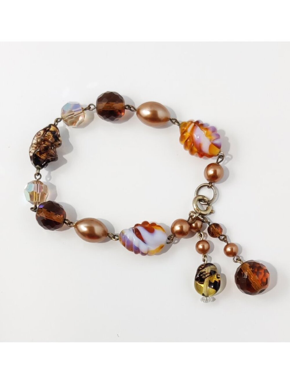 1950s Germany Art Glass Bead Bracelet Tortoise Givre Glass Copper Faux Pearls